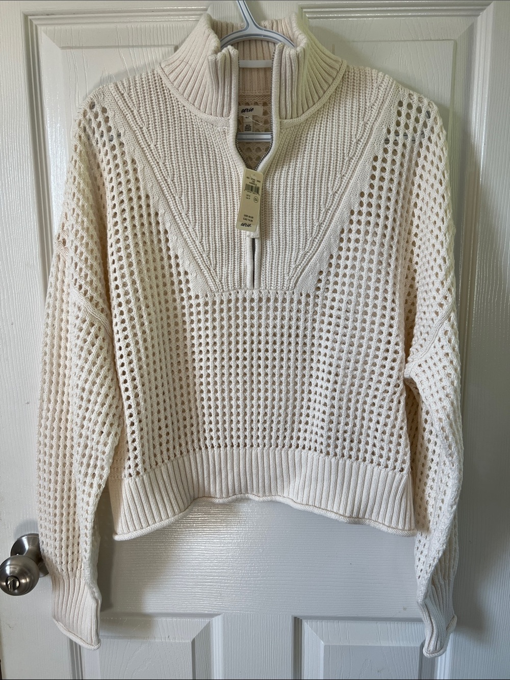 Aerie Loose Knit Quarter Zip Boho Cream Cropped Sweater Size Small